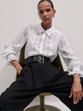 NWT ME+EM Cotton Voile Broderie Detail Shirt Size: US6 Color: Soft White